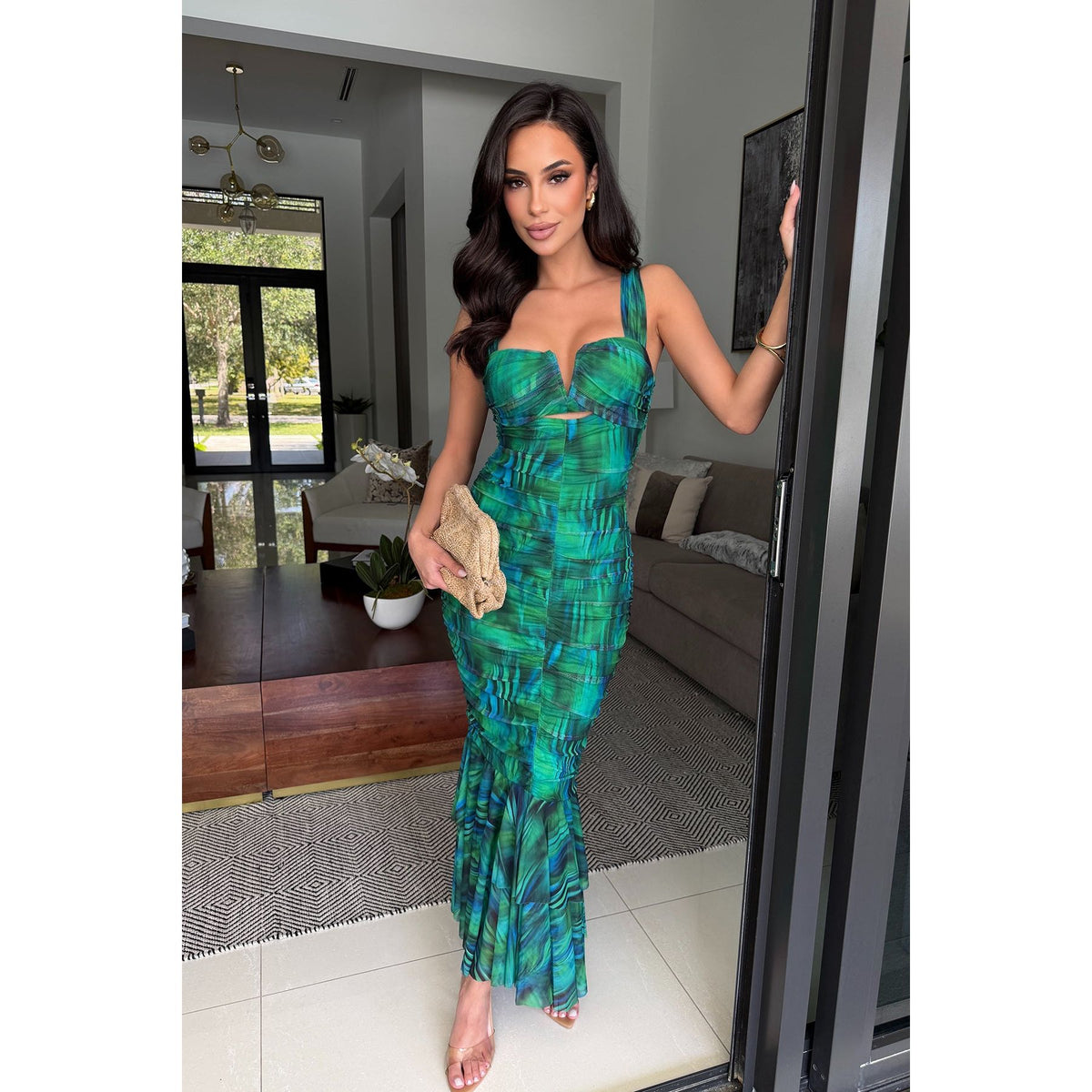 stone strappy mesh insert ruched midi dress Stone Strappy Mesh Insert Ruched Midi Dress