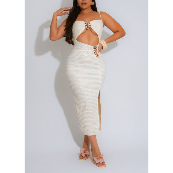 Nude daring cutout bodice midi dress with chain-link accents, and a figure-hugging silhouette complete with a sultry side slit