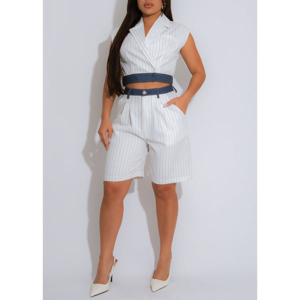 PINSTRIPE BERMUDA SHORT SET WITH MATCHING SLEEVELESS COLLARED VEST AND CONTRASTING BLUE DENIM WAIST BAND  