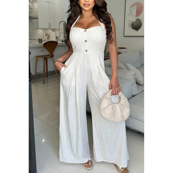  Beige Linen sleek boat neck halter with brown front button details, and a fluid, elongated silhouette made from lightweight, breathable fabric 