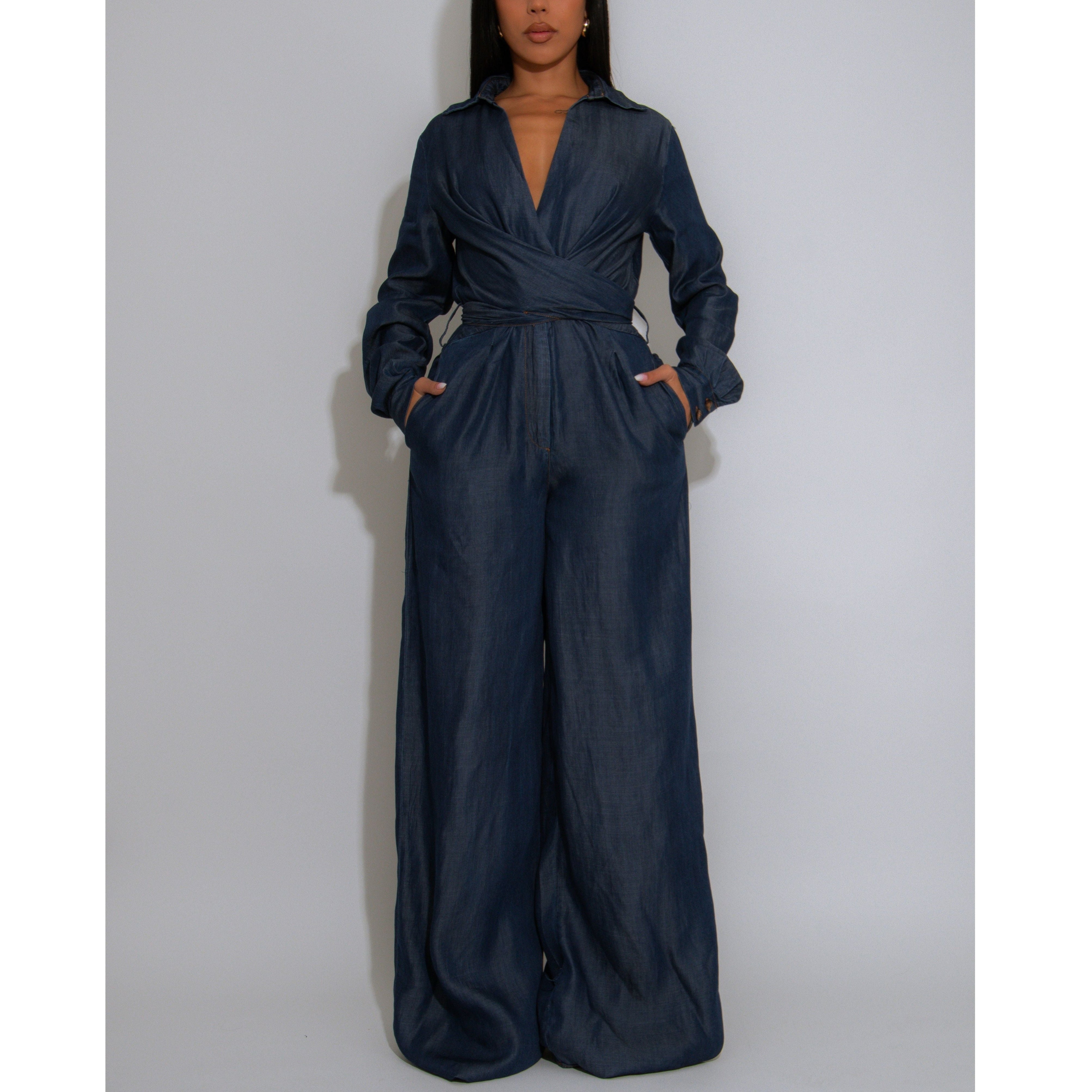 Long sleeve Wide leg Dark wash Denim Jumpsuit with collar and V cut neckline with wrap tie waist feature 