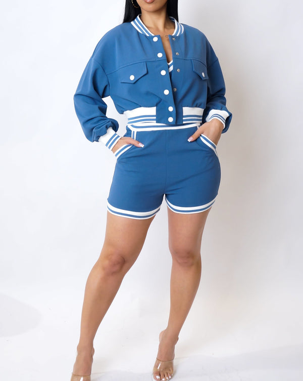 Doing Things Varsity Romper Set BLUESimplyDerri

Our Varsity Romper Set complete with matching jacket outfit is perfect for your upcoming weekend outing or next airport run. This set offers versatility, allowing Outfit SetsThings Varsity Romper Set BLUE