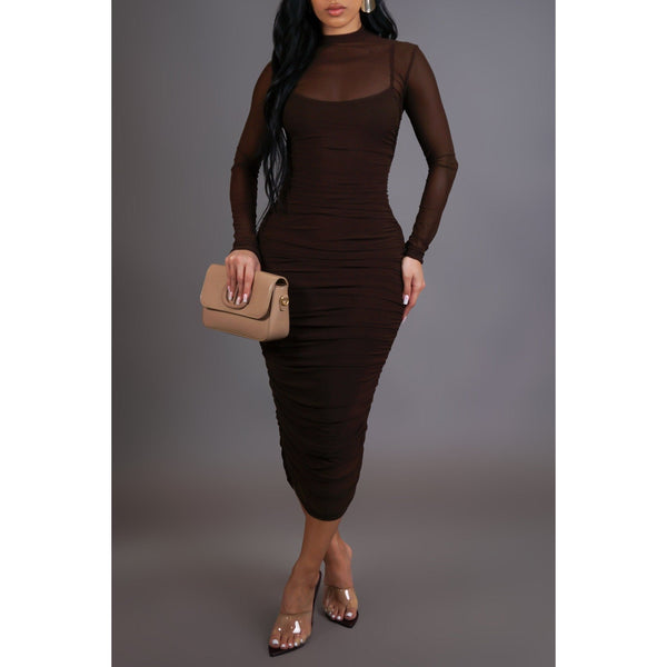 Brown colored long sleeve mesh midi dress with back zipper closure 