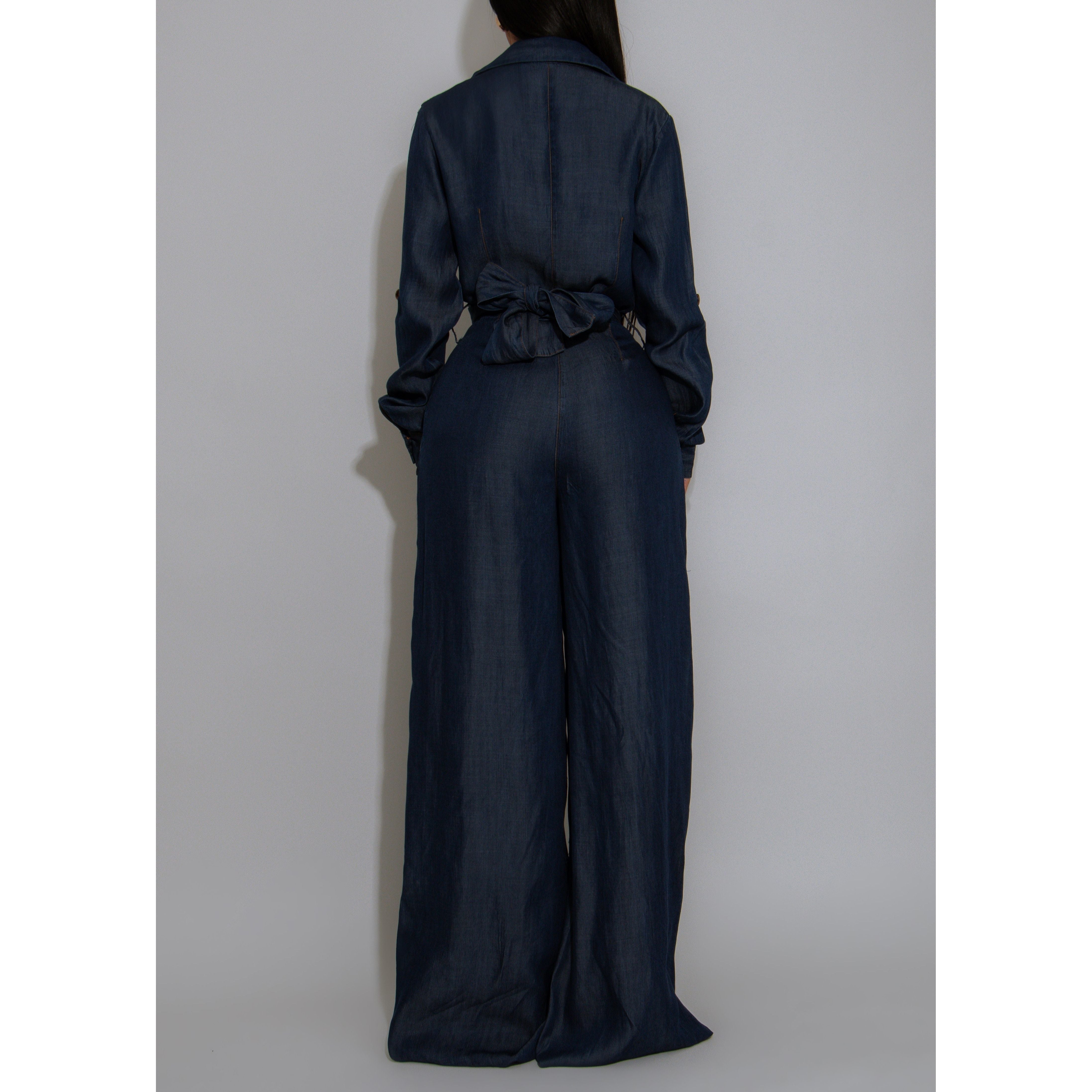 Long sleeve Wide leg Dark wash Denim Jumpsuit with collar and V cut neckline with wrap tie waist feature 