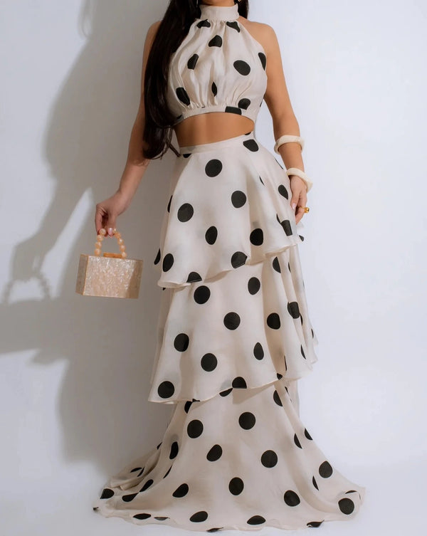 Polka Dot Tulle layered Maxi Skirt Set with matching halter crop top 