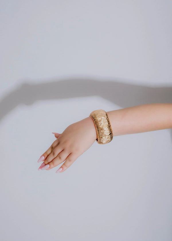 Intricate Textured Gold Cuff Bracelet with snap closure 