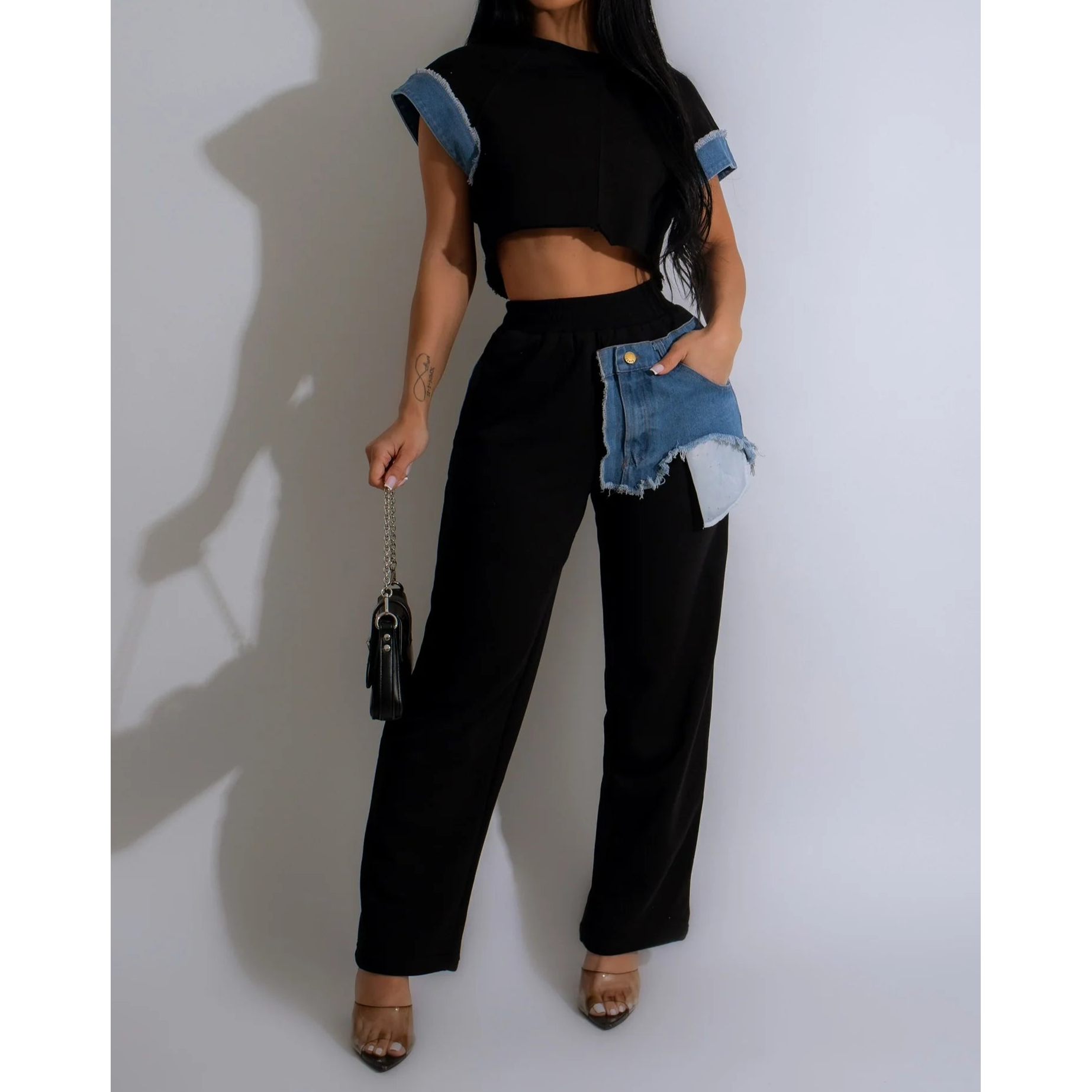 Comfy Casual Trends Denim Pant Set BLACK