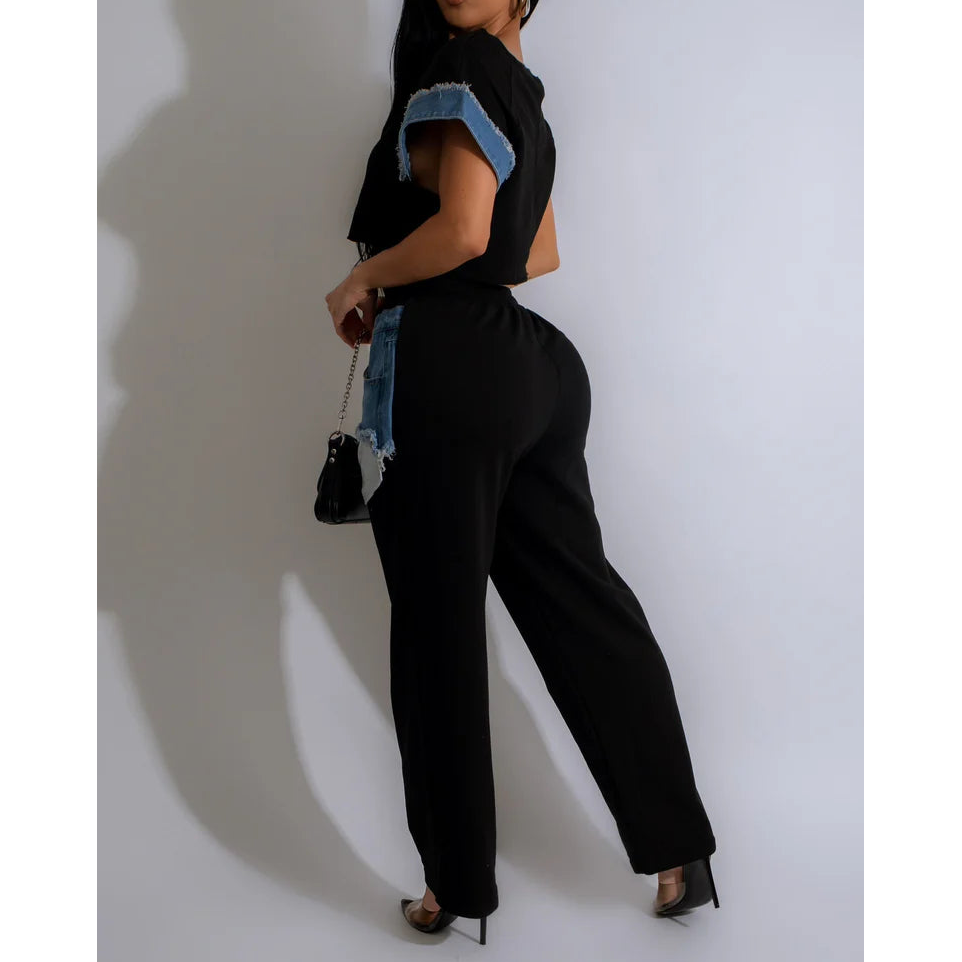 Comfy Casual Trends Denim Pant Set BLACK
