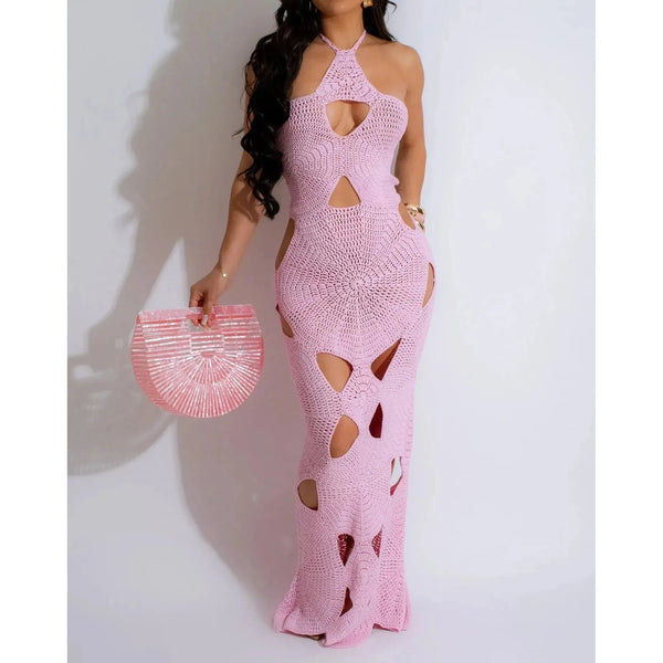 PINK CROCHET MIDI DRESS WITH INTRICATE WOVEN DESIGN AND HALTER TIE AND BACK TIE 