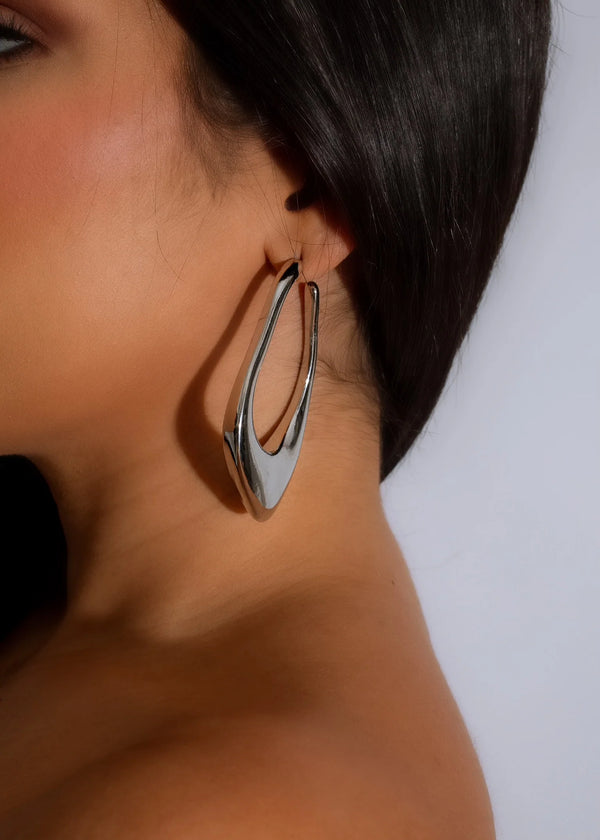 Silver Oval Hoops WITH OBLONG GEOMETRIC DESIGN 