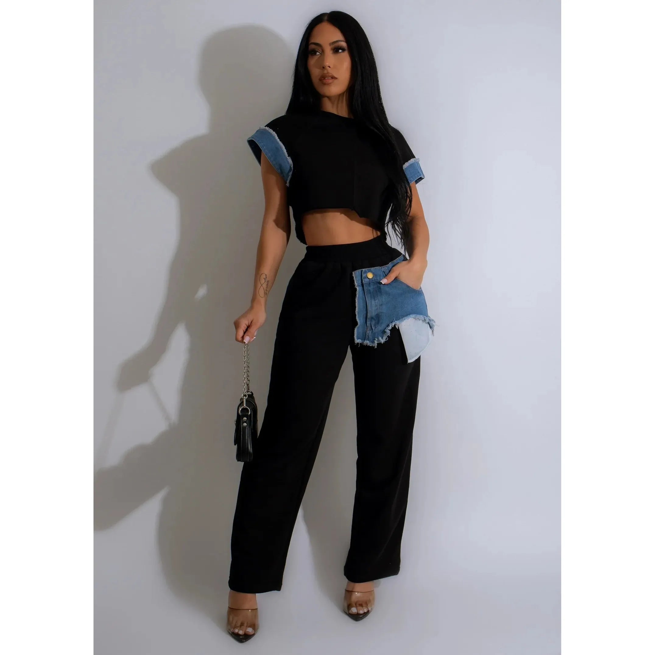 Comfy Casual Trends Denim Pant Set BLACK