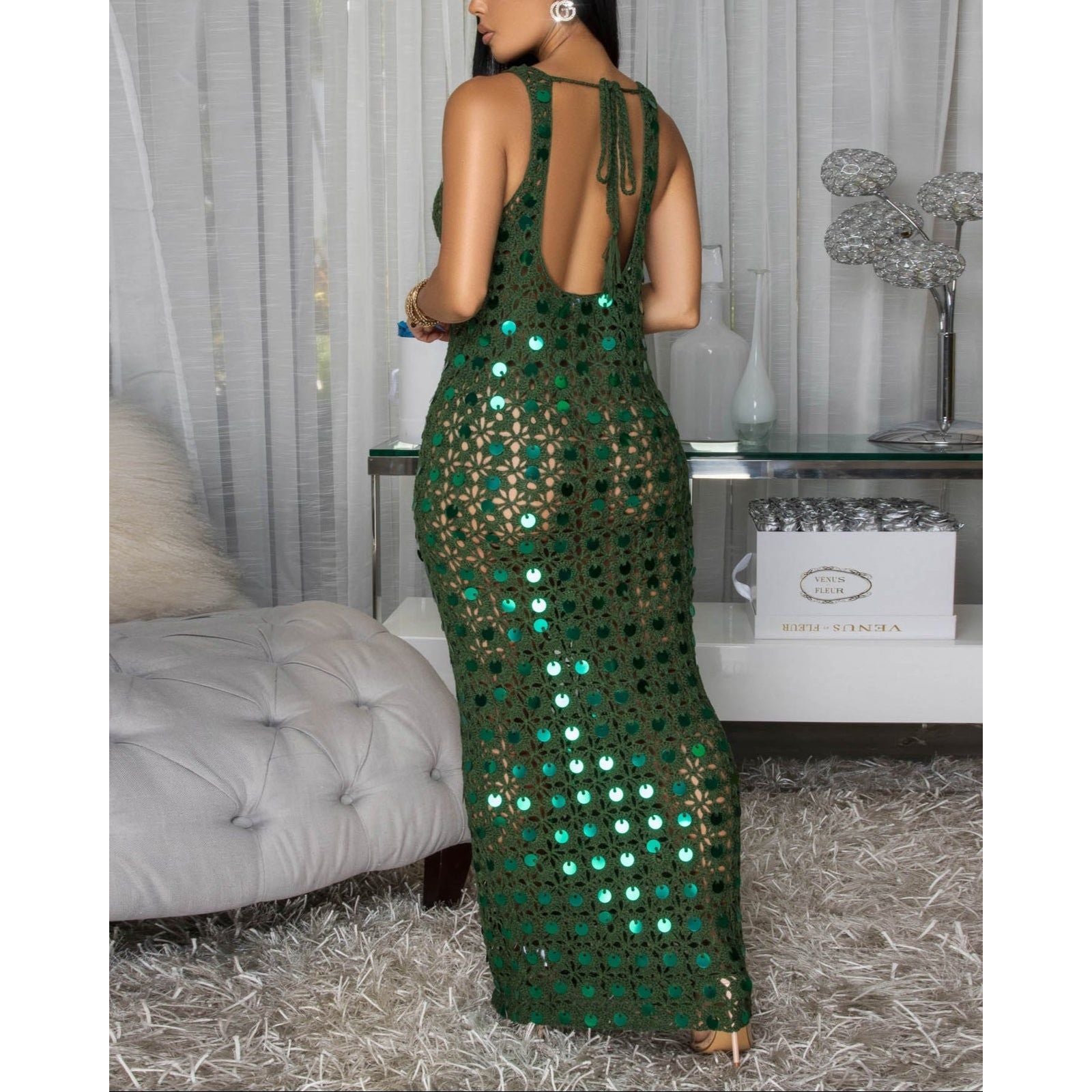 ROUND NECK SLEEVELESS GREEN CROCHET DRESS WITH FLORAL DESIGN ADORNED WITH SEQUINS AND BACK ADJUSTABLE TIE CLOSURE 