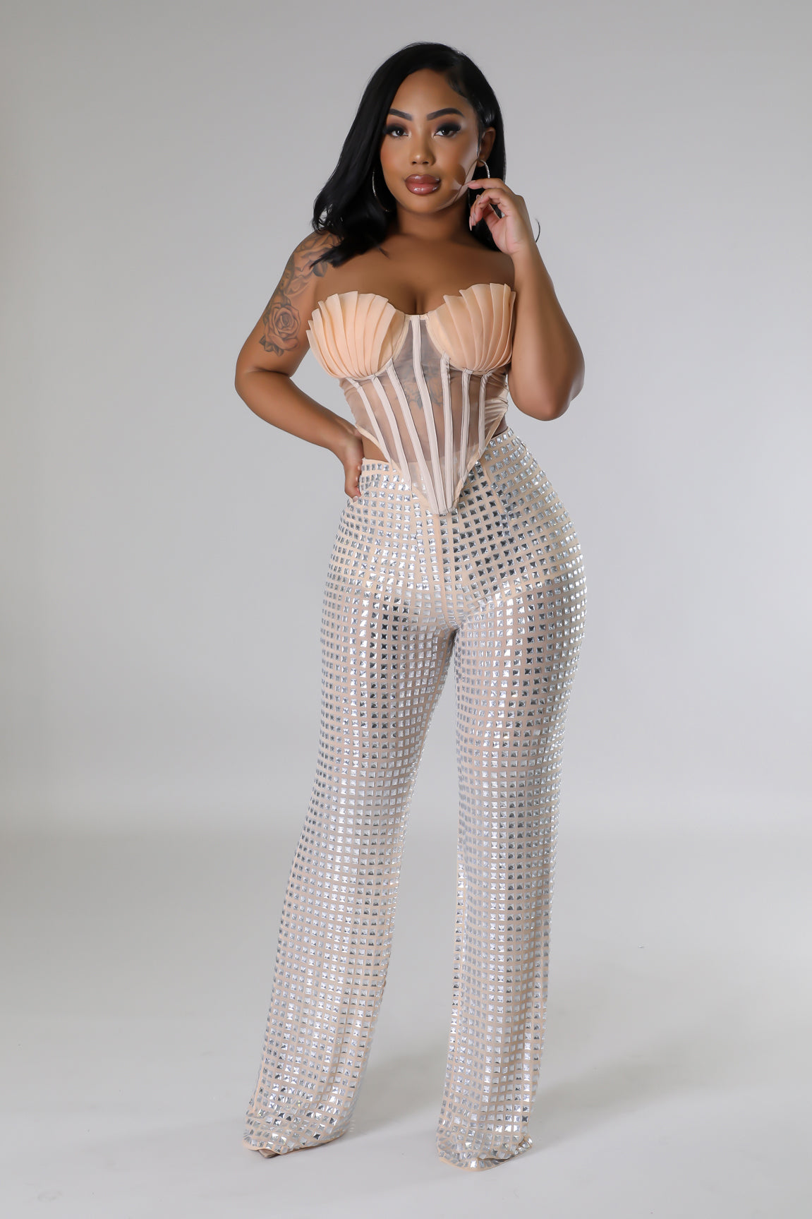 Rhinestone Mesh Wide Leg Pants With Matching Peach Shell Pleated Bustier Top 