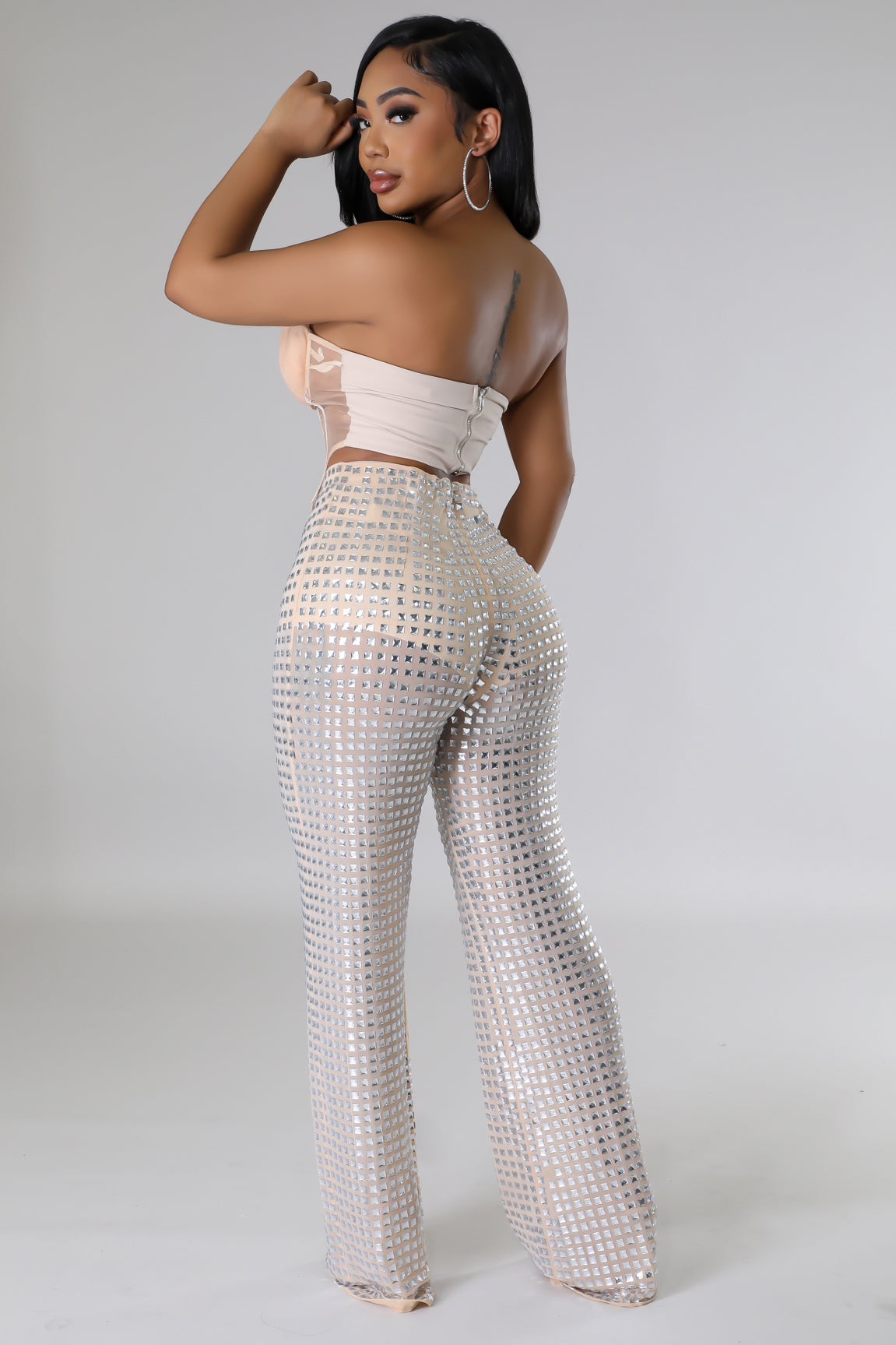 Rhinestone Mesh Wide Leg Pants With Matching Peach Shell Pleated Bustier Top 