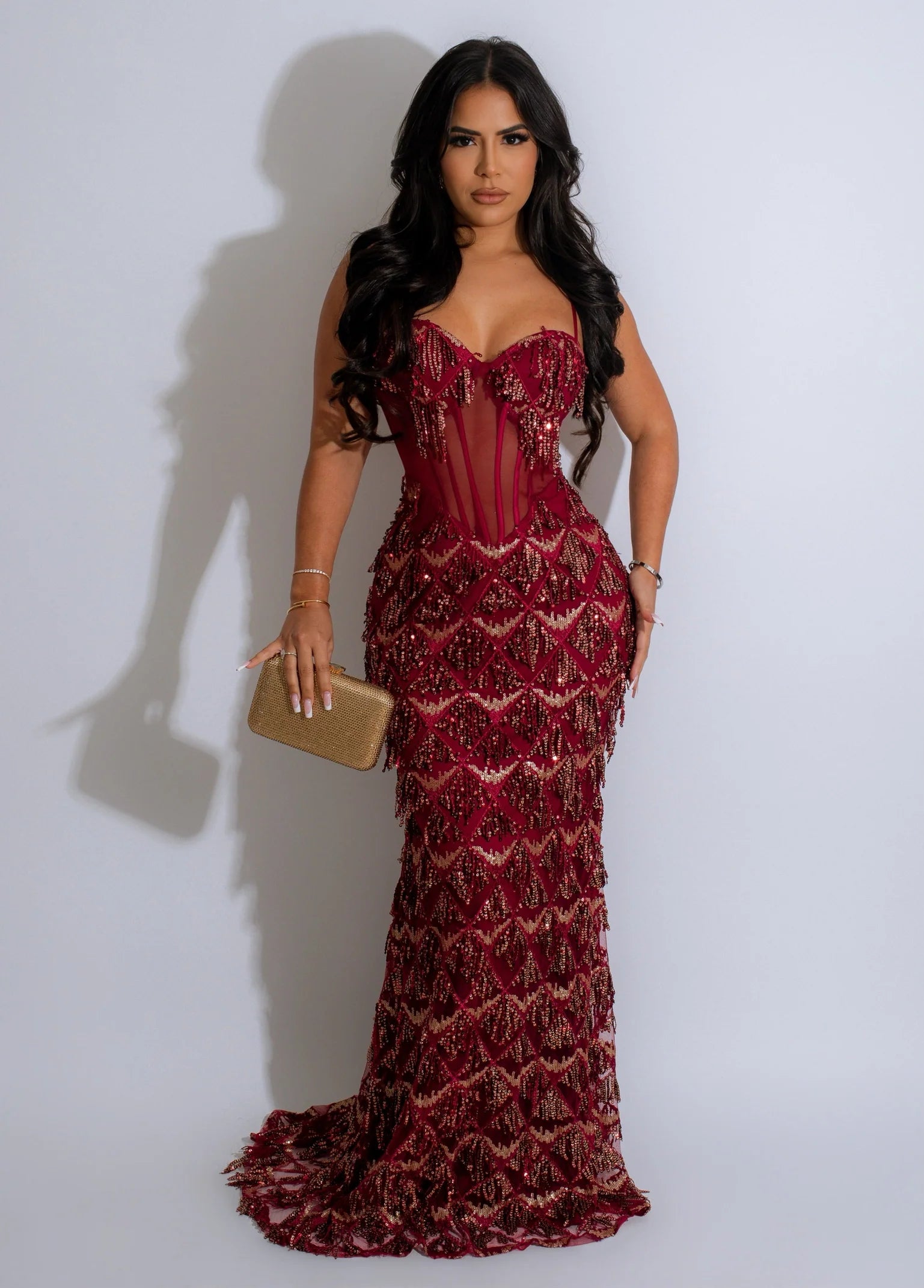 Dubai Nights Sequins Maxi Dress BurgundySimplyDerriModel wearing a SMALL
95% Polyester 5% Spandex
Double Lined 100% Polyester 
Adjustable Straps
 DressDubai Nights Sequins Maxi Dress Burgundy