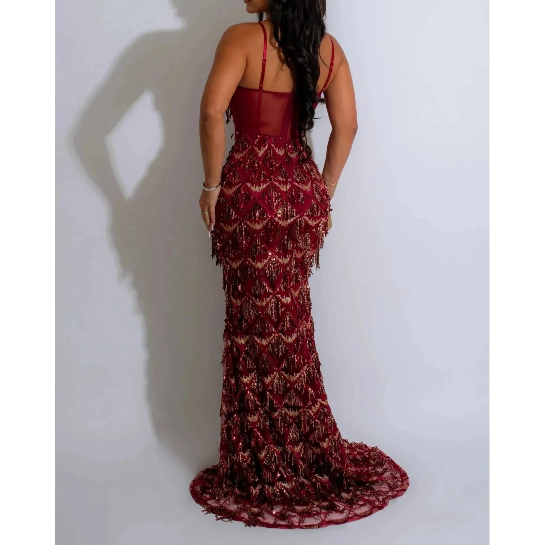 Dubai Nights Sequins Maxi Dress BurgundySimplyDerriModel wearing a SMALL
95% Polyester 5% Spandex
Double Lined 100% Polyester 
Adjustable Straps
 DressDubai Nights Sequins Maxi Dress Burgundy