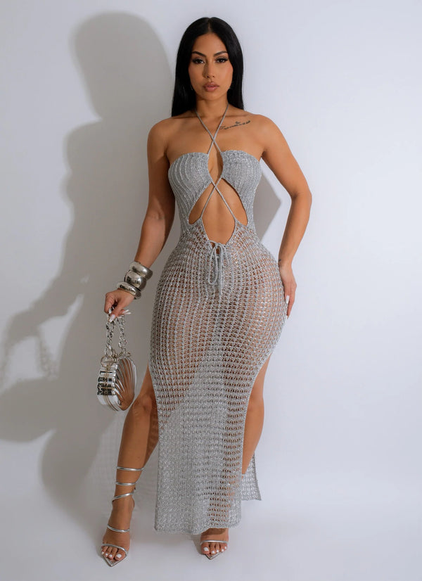 SILVER CROCHET MAXI DRESS COVER UP WITH SHIMMER,  HALTER NECK TIE  AND SIDE SLITS 
