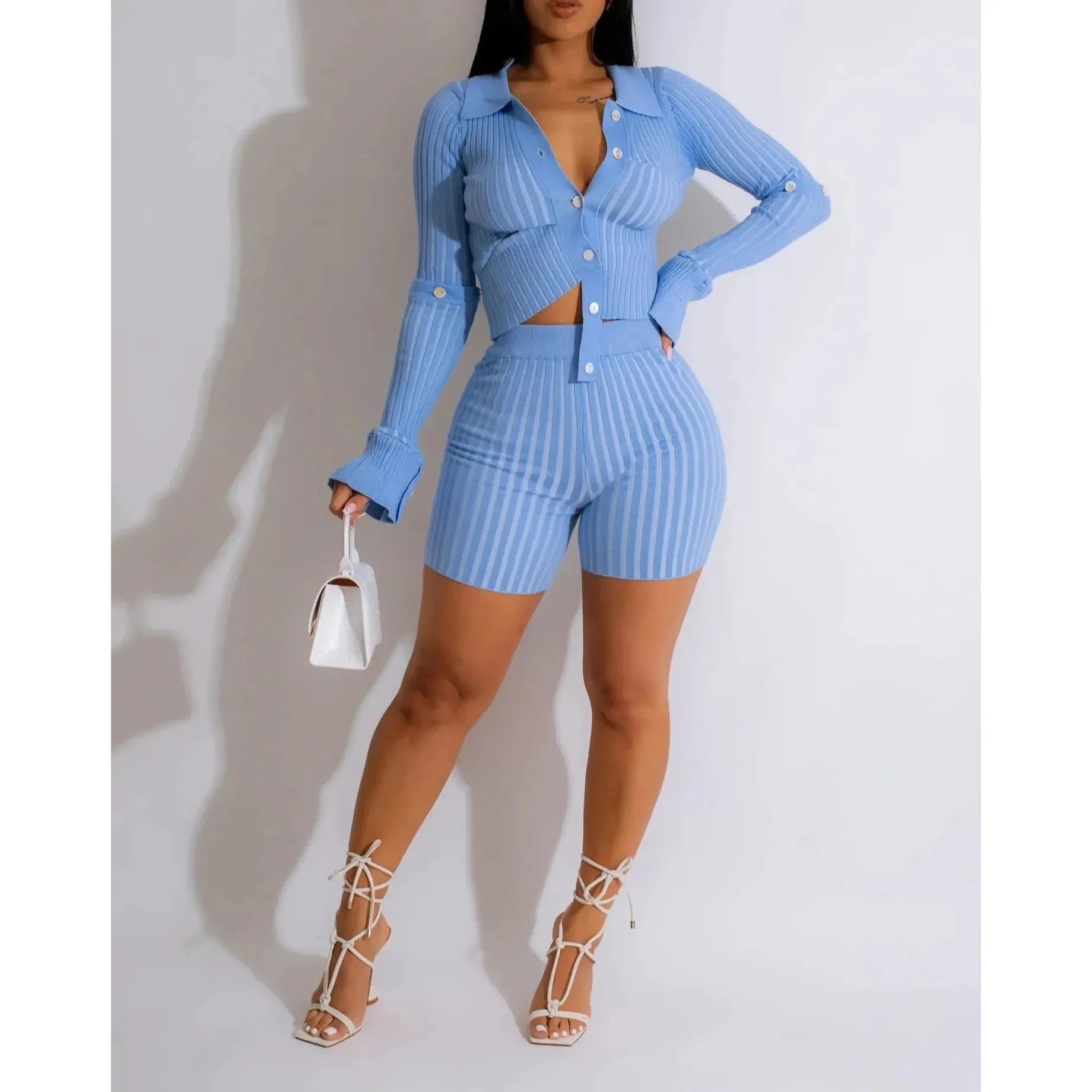 Knit Ribbed Biker Cropped Sweater Set Short Set  With Bell Cuff Sleeves BLUE