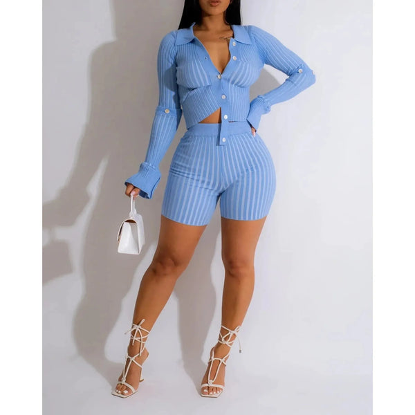 Knit Ribbed Biker Cropped Sweater Set Short Set  With Bell Cuff Sleeves BLUE