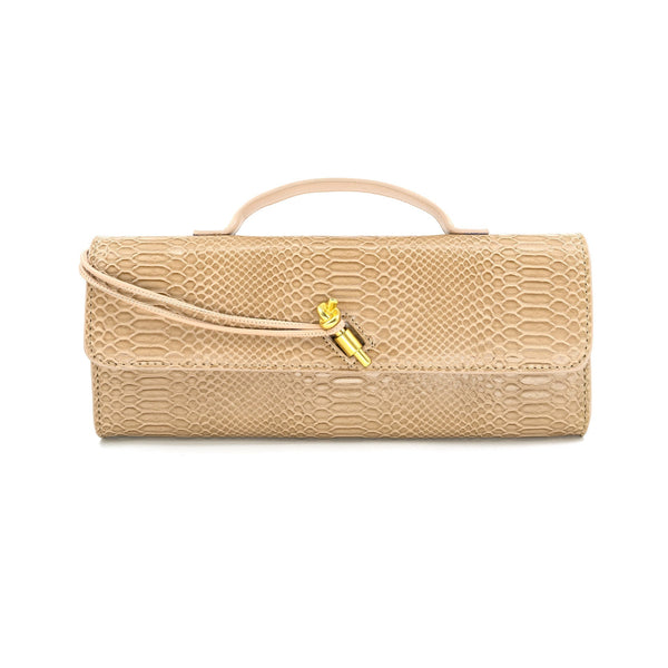 RECTANGULAR SHAPED SNAKE PRINT TEXTURED CLUTCH WITH GOLD HARDWARE LOOP CLOSURE AND HANDLE