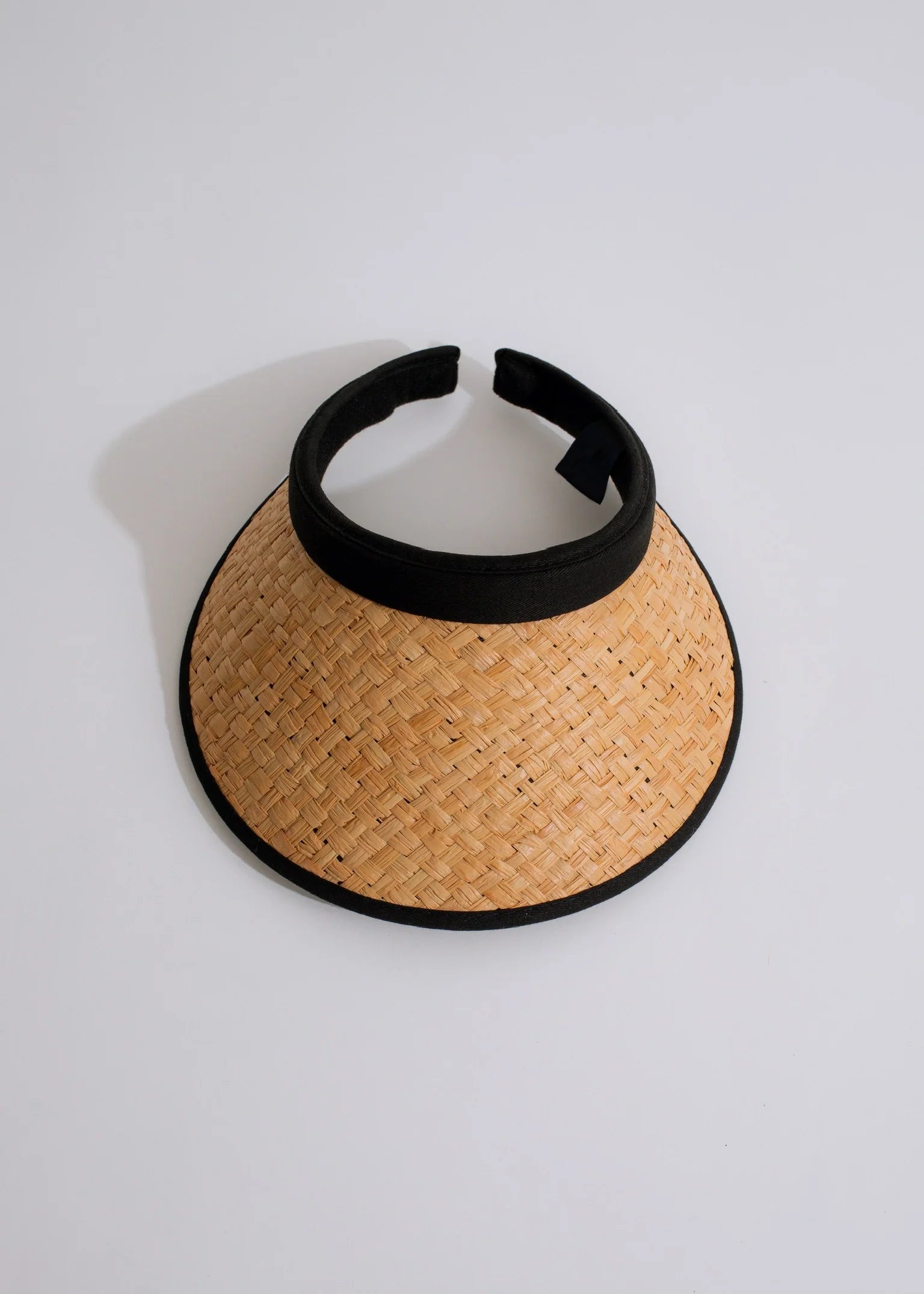 Natural Straw Woven Visor Hat Piped With Black Cotton 