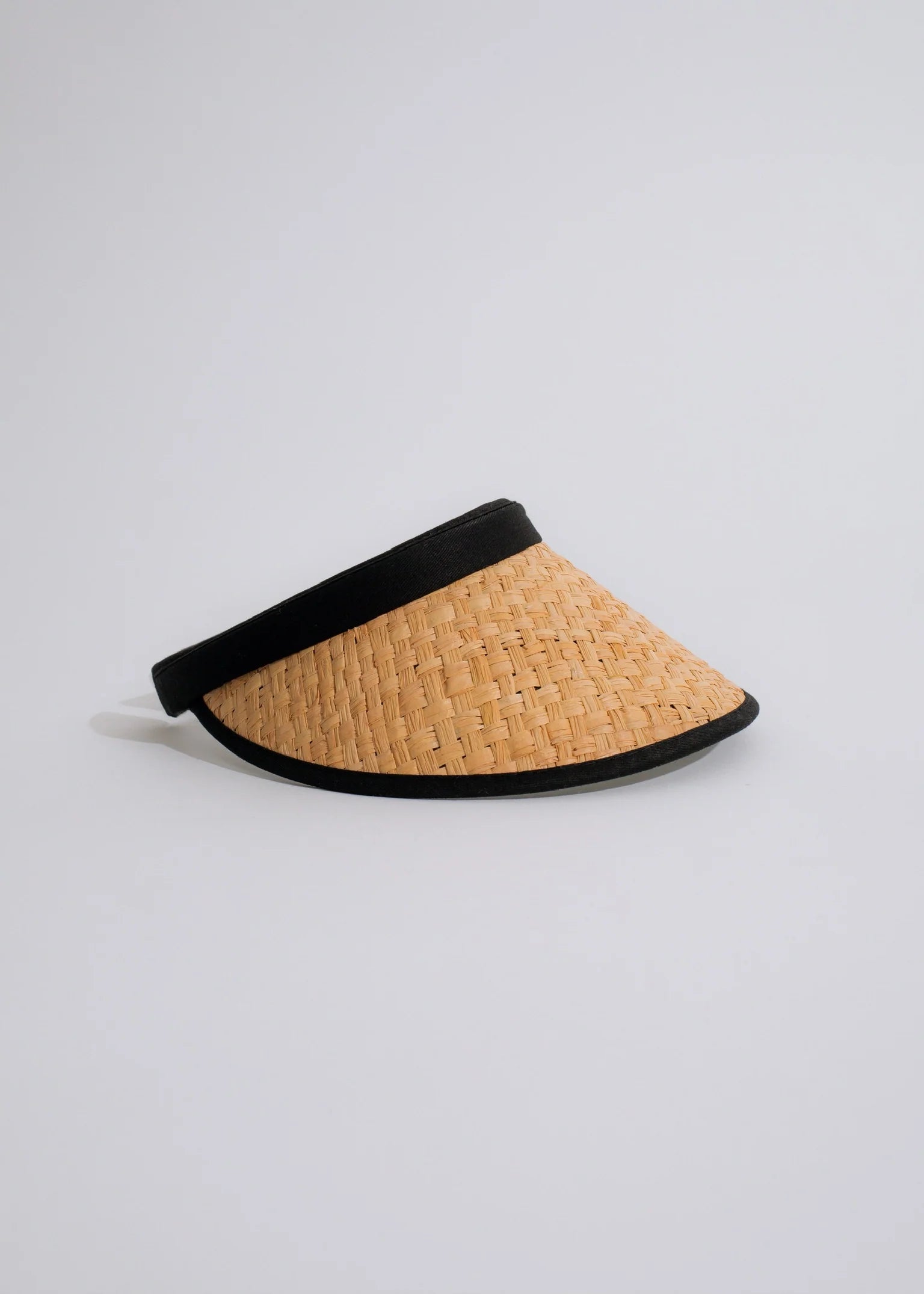 Natural Straw Woven Visor Hat Piped With Black Cotton 