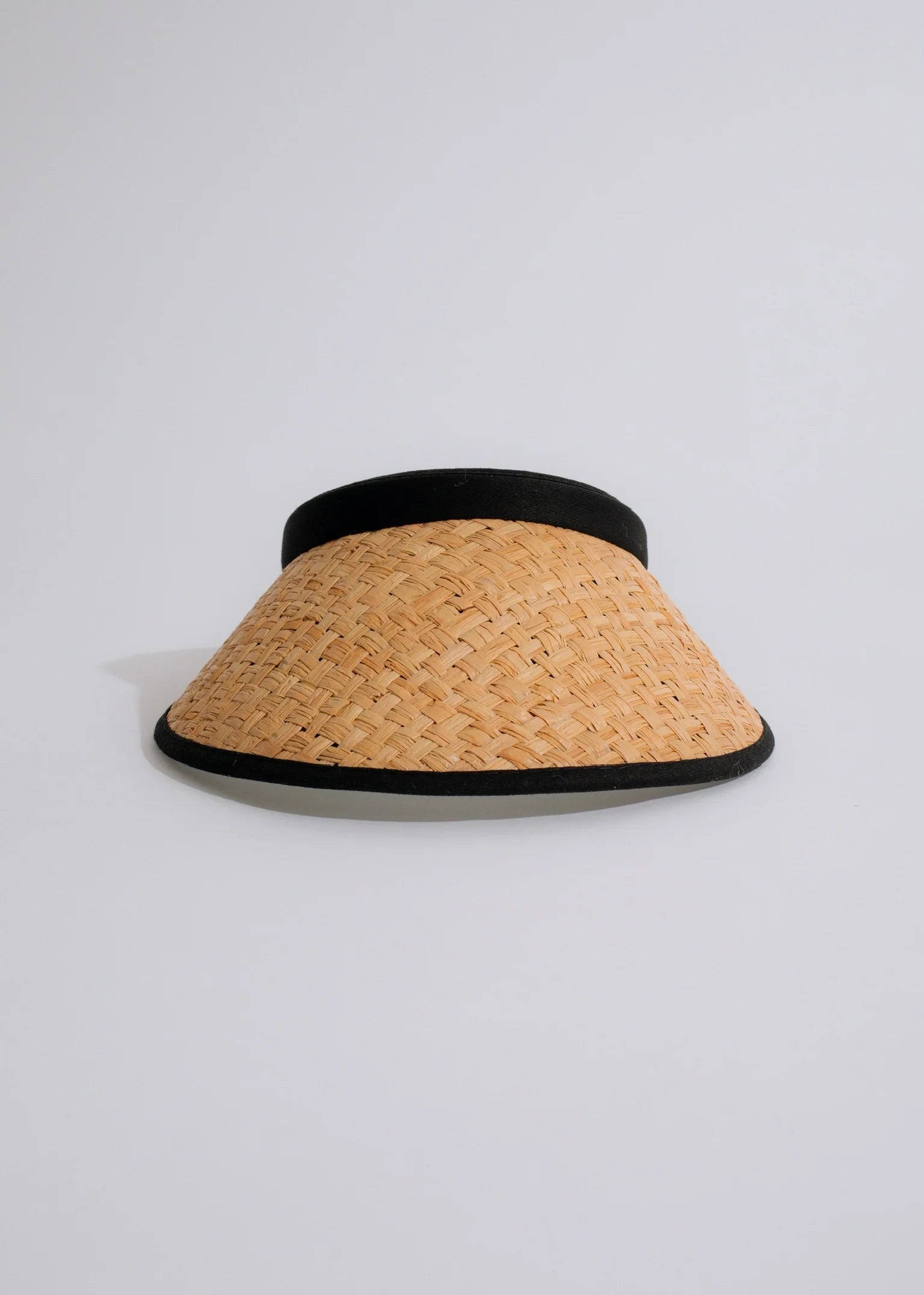 Natural Straw Woven Visor Hat Piped With Black Cotton 
