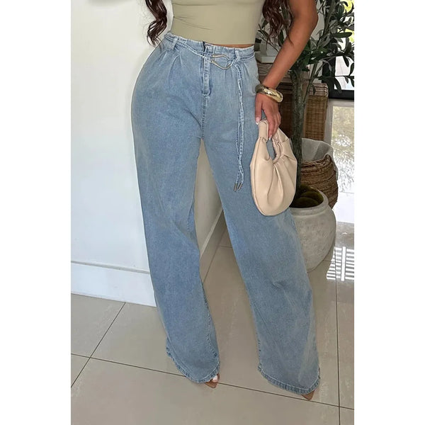 Light blue wide leg denim jeans with a rope denim thin belt with metal hook loop 