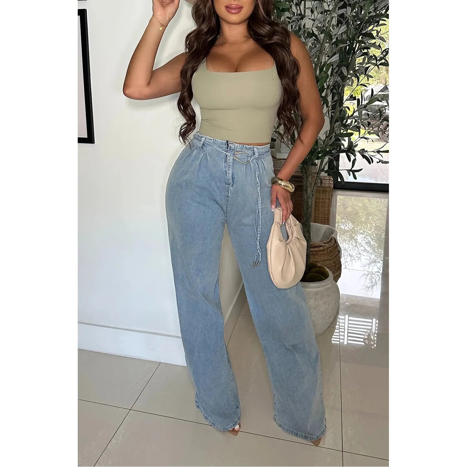 Light blue wide leg denim jeans with a rope denim thin belt with metal hook loop 