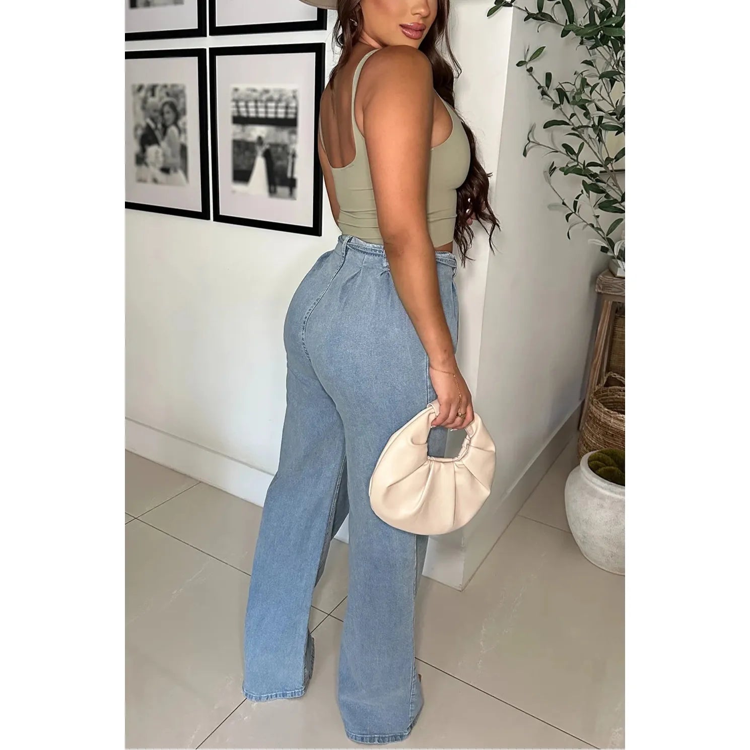 Light blue wide leg denim jeans with a rope denim thin belt with metal hook loop 