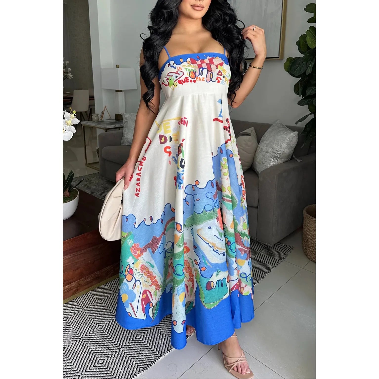 THIN STRAP COLORFUL TUBE MAXI DRESS WITH ABSTRACT COLORFUL PRINT 