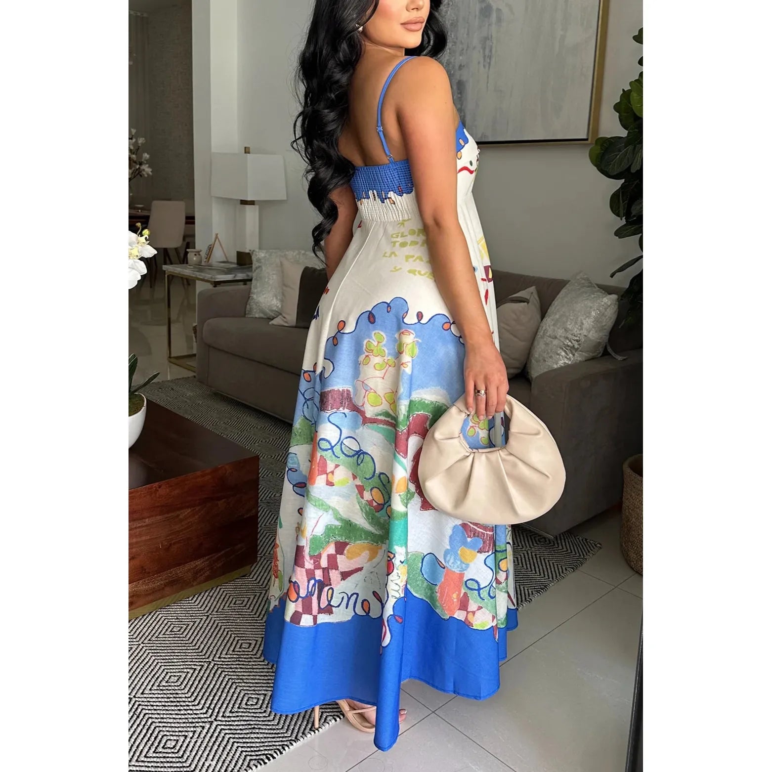 ADJUSTABLE THIN STRAP COLORFUL TUBE MAXI DRESS WITH ABSTRACT COLORFUL PRINT AND SMOCK BACK DESIGN 