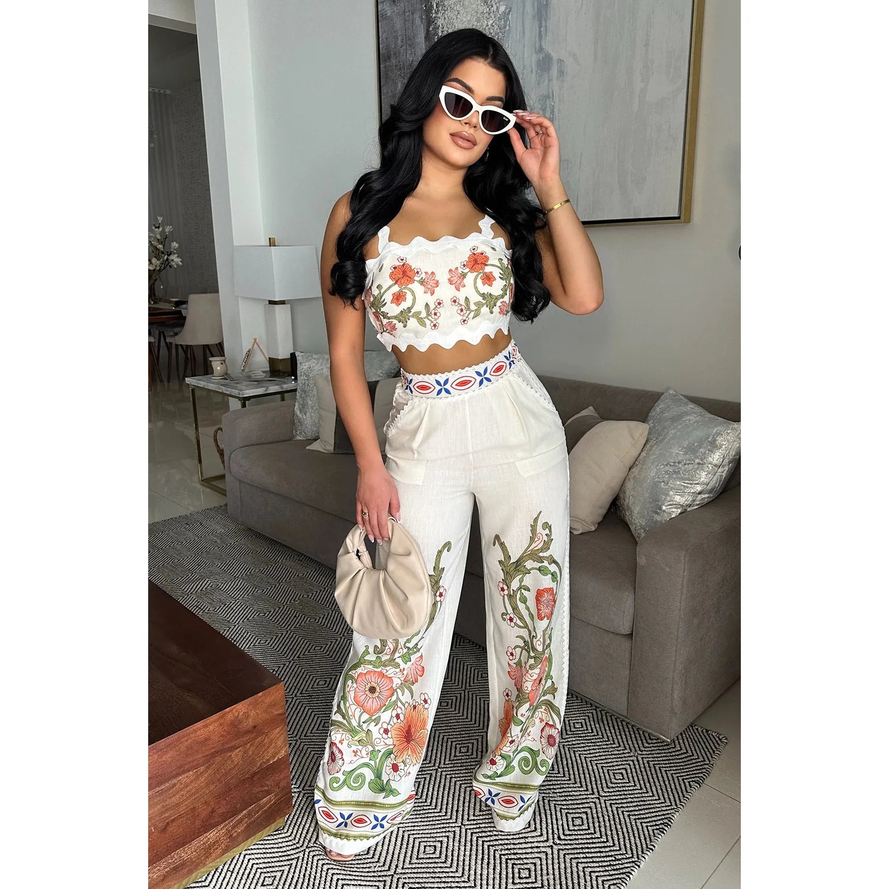 Tropical print floral two piece wide leg pant set with scallop hem and matching floral print crop top 