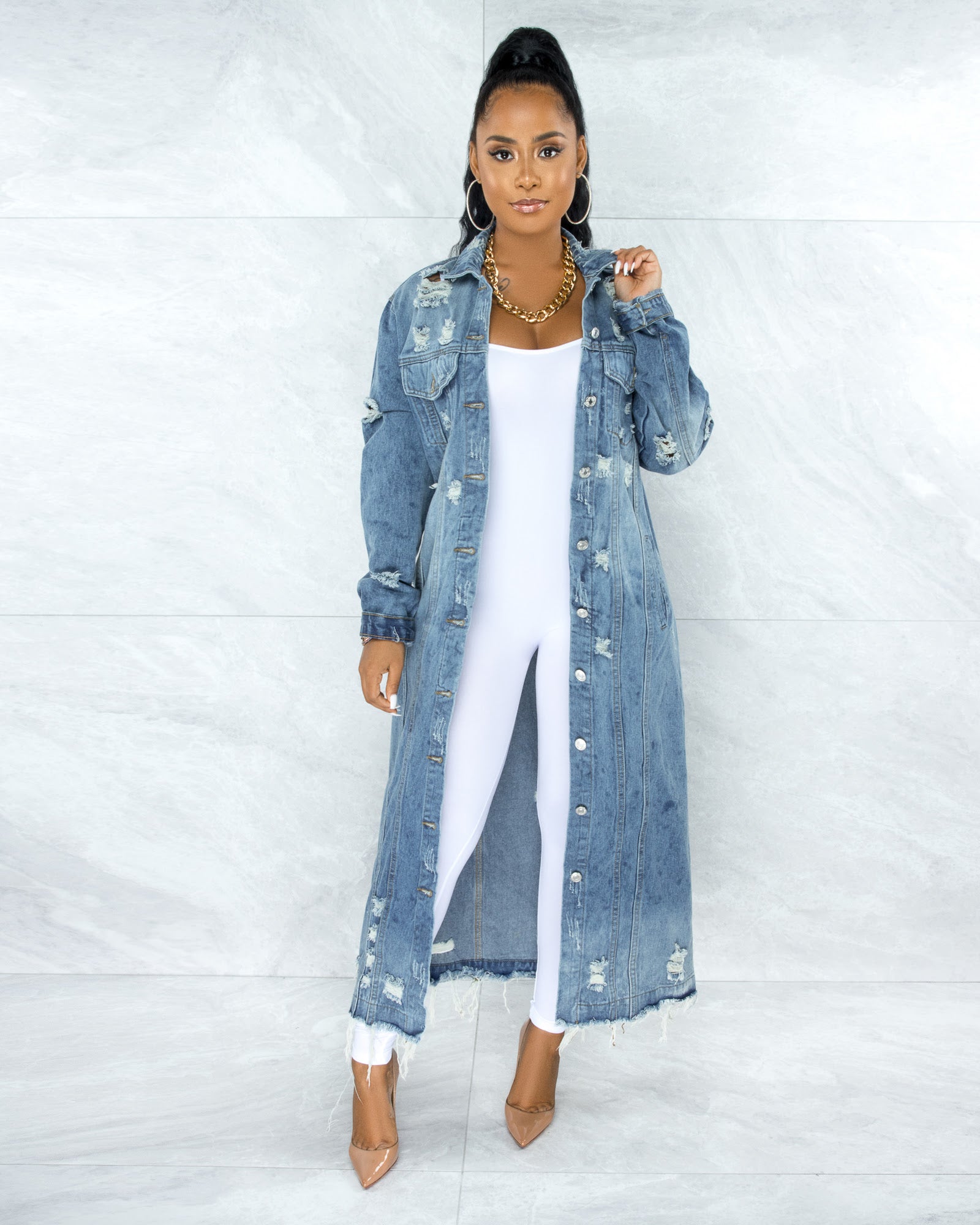 Medium Wash Denim Distressed Long Jacket with front silver metal button closure