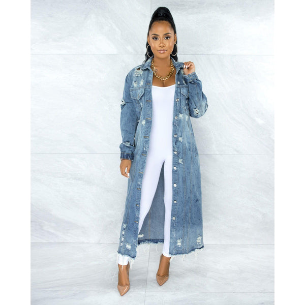 Medium Wash Denim Distressed Long Jacket with front silver metal button closure