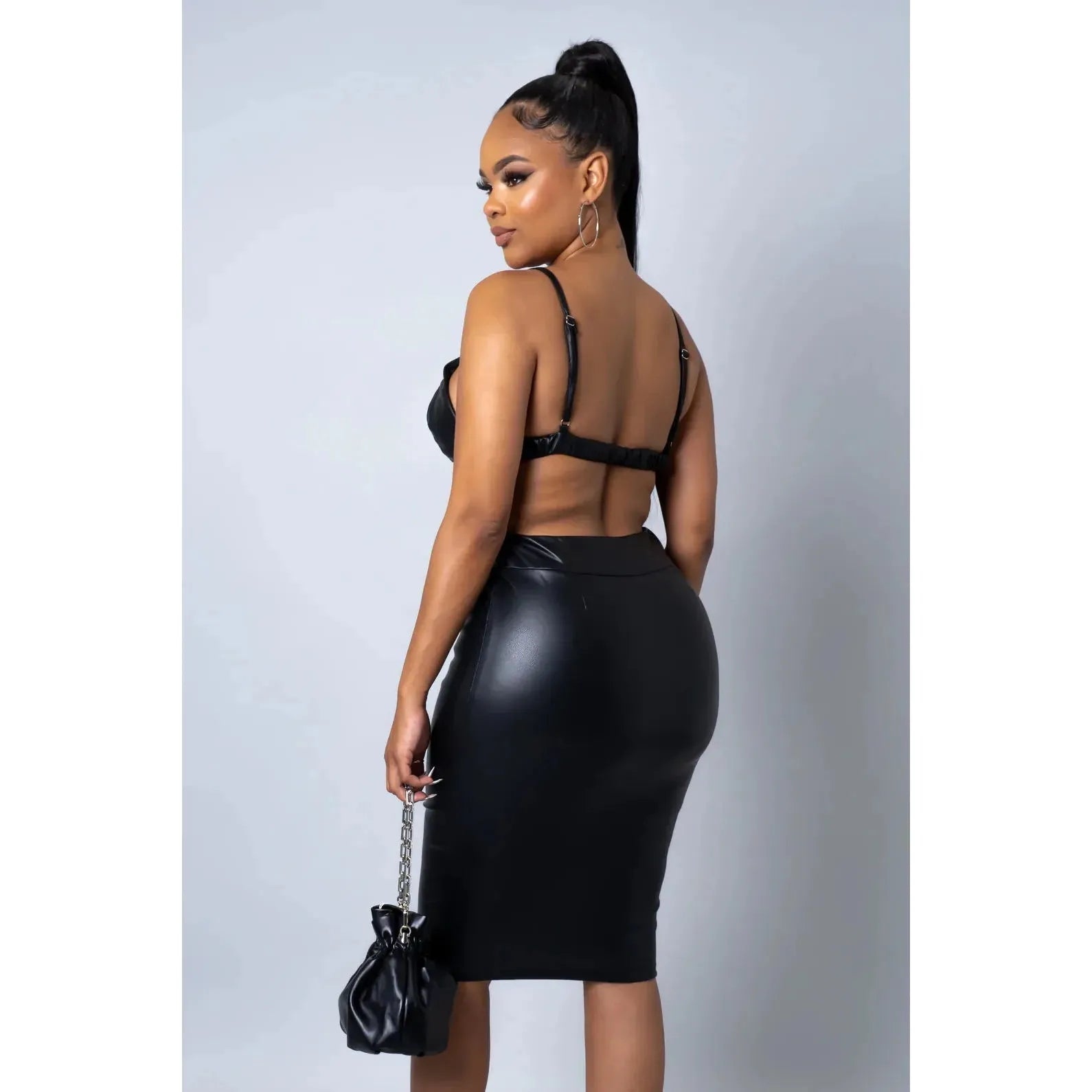 The Headliner Vegan Leather Midi Skirt Set (BLACK ) - SimplyDerri