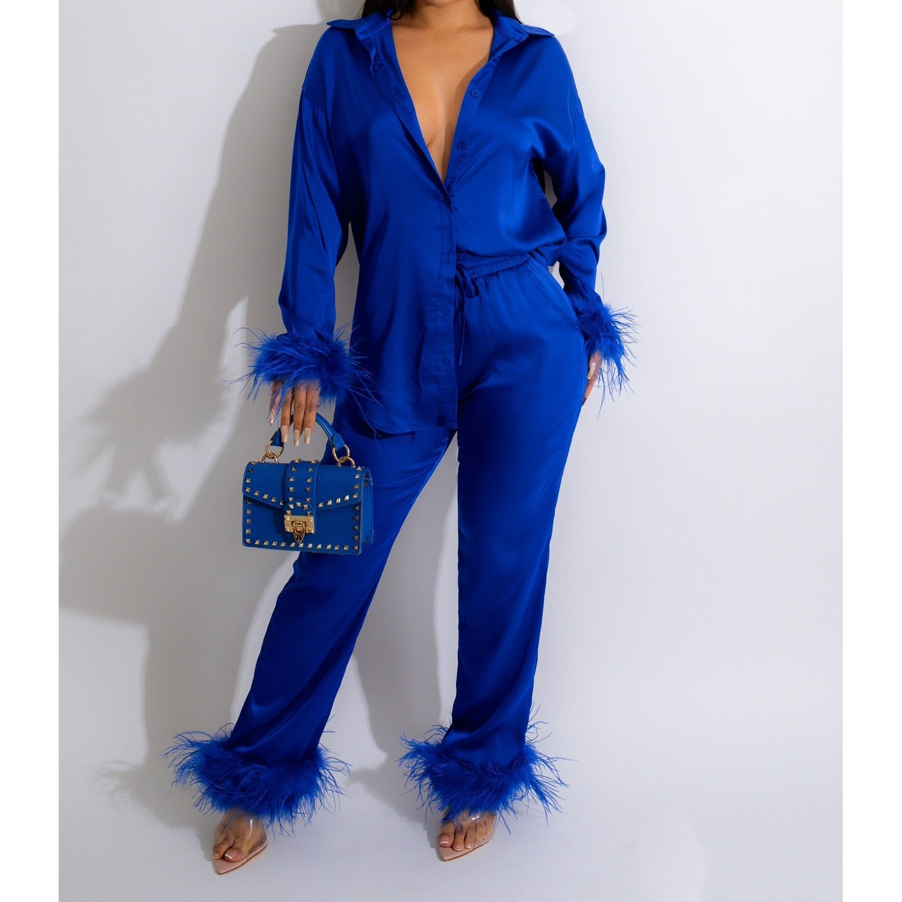 Exquisite Power Feather Satin Pant Set Blue - SimplyDerri