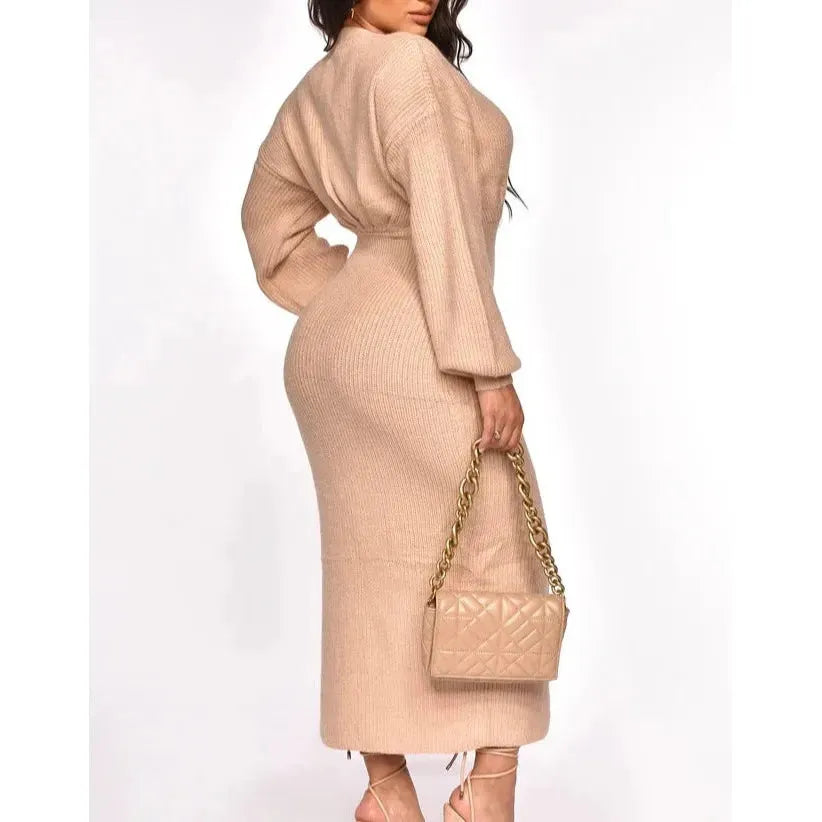 Simply™ Stepping Out Sweater Maxi Dress (TAUPE)SimplyDerriModel wearing size Small 
Fits true to size for most 
42% Acrylic 28% Nylon 30% Spandex 
 HAS STRETCH DressesSweater Maxi Dress (TAUPE)